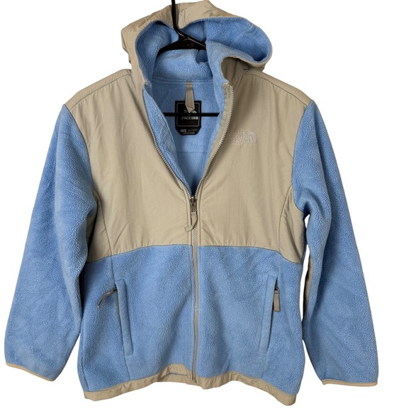 The North Face Girls' Fleece Jacket Full Zip Hoodie Blue Beige Kids LG - Picture 1 of 9